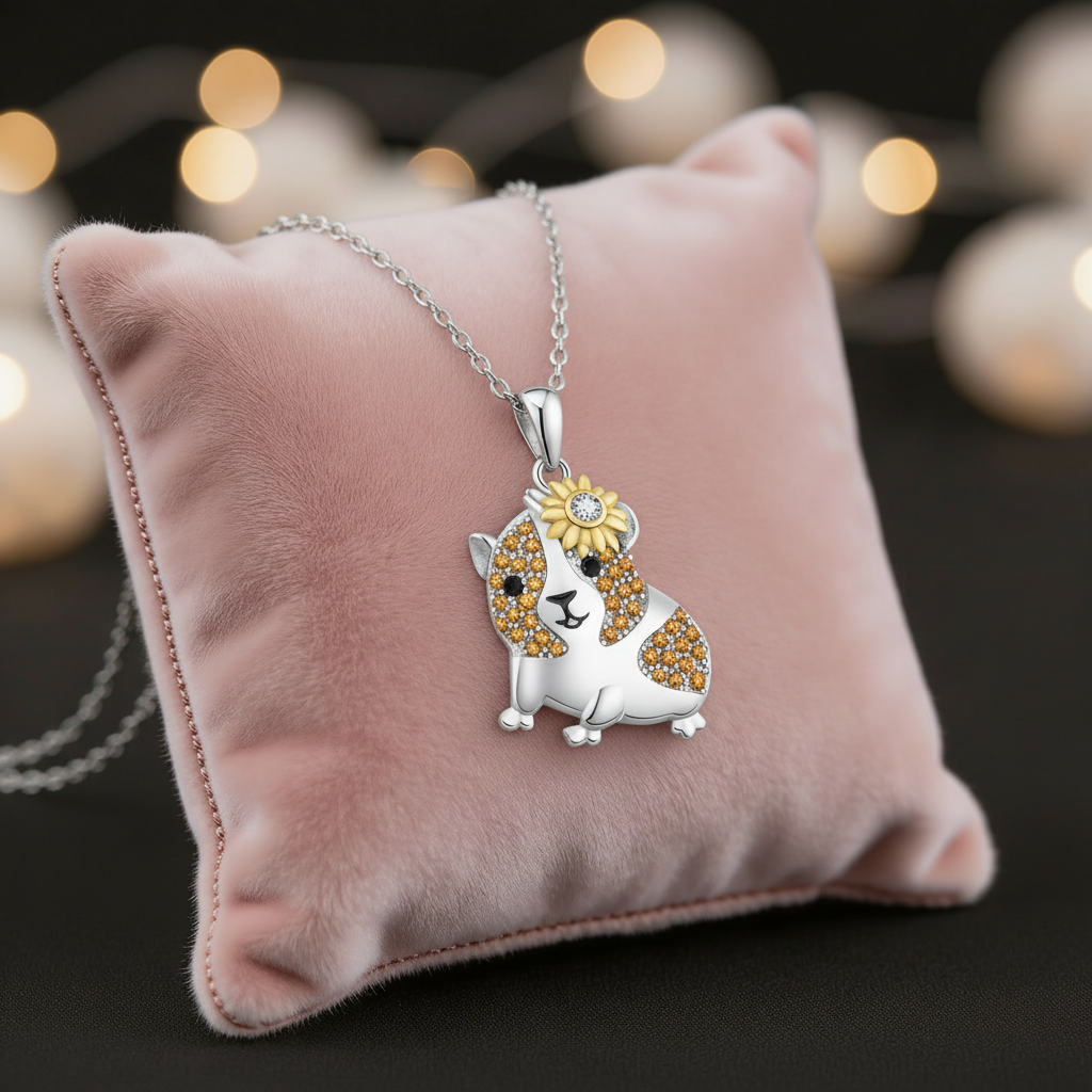Blütenglück – 🌼Meerschweinchen-Halskette mit Blume – feine, leichte Kette (Silberfarben) | Luxusschweine