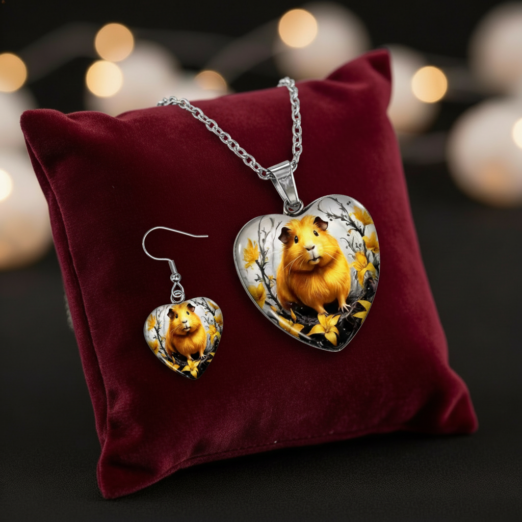 Herzmoment – 🐹💛 Meerschweinchen Schmuckset – Herz-Halskette & Ohrringe im harmonischen Design | Luxusschweine