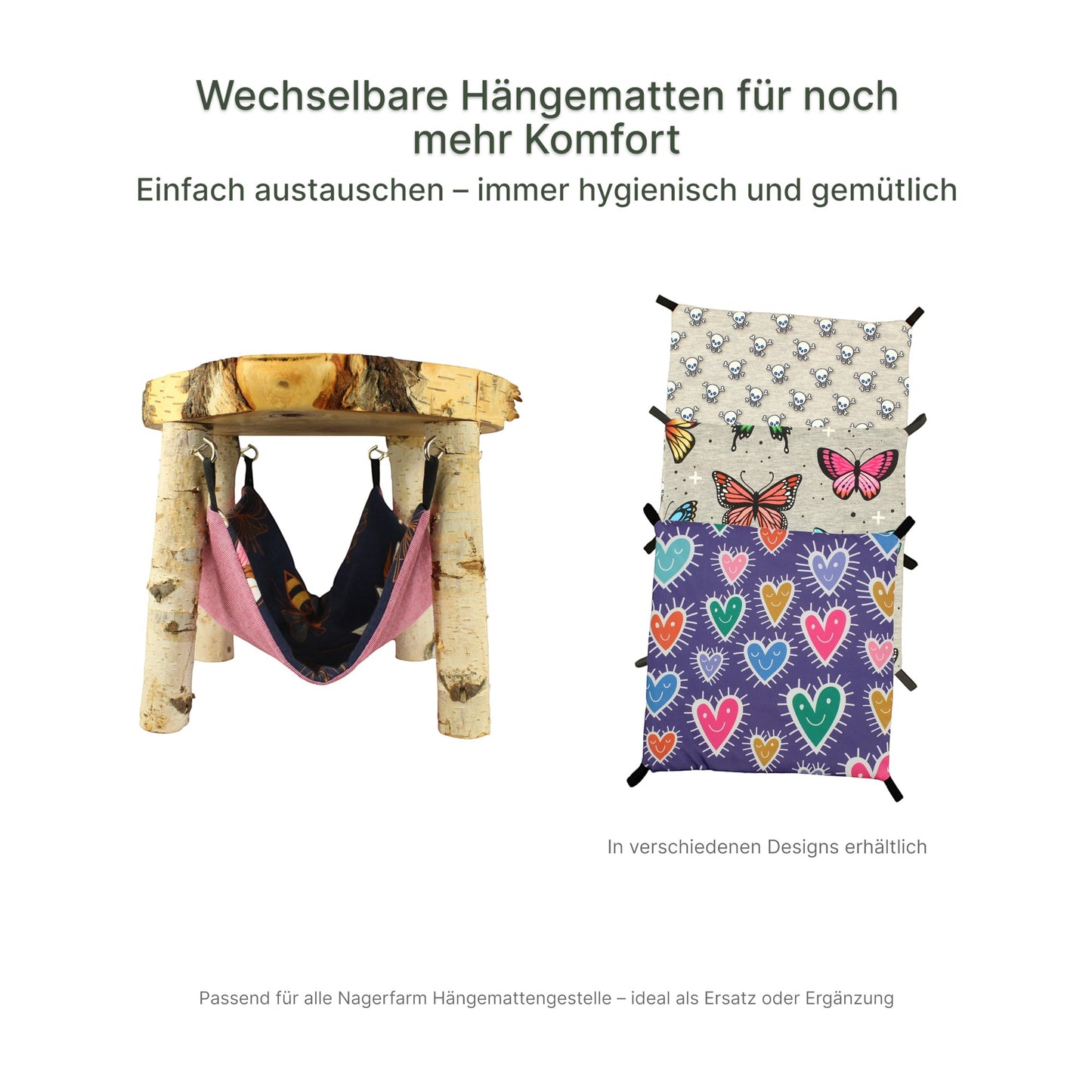 Nagerfarm colourful butterfly and heart print fabric hammocks for small pets. Easy to clean and durable.