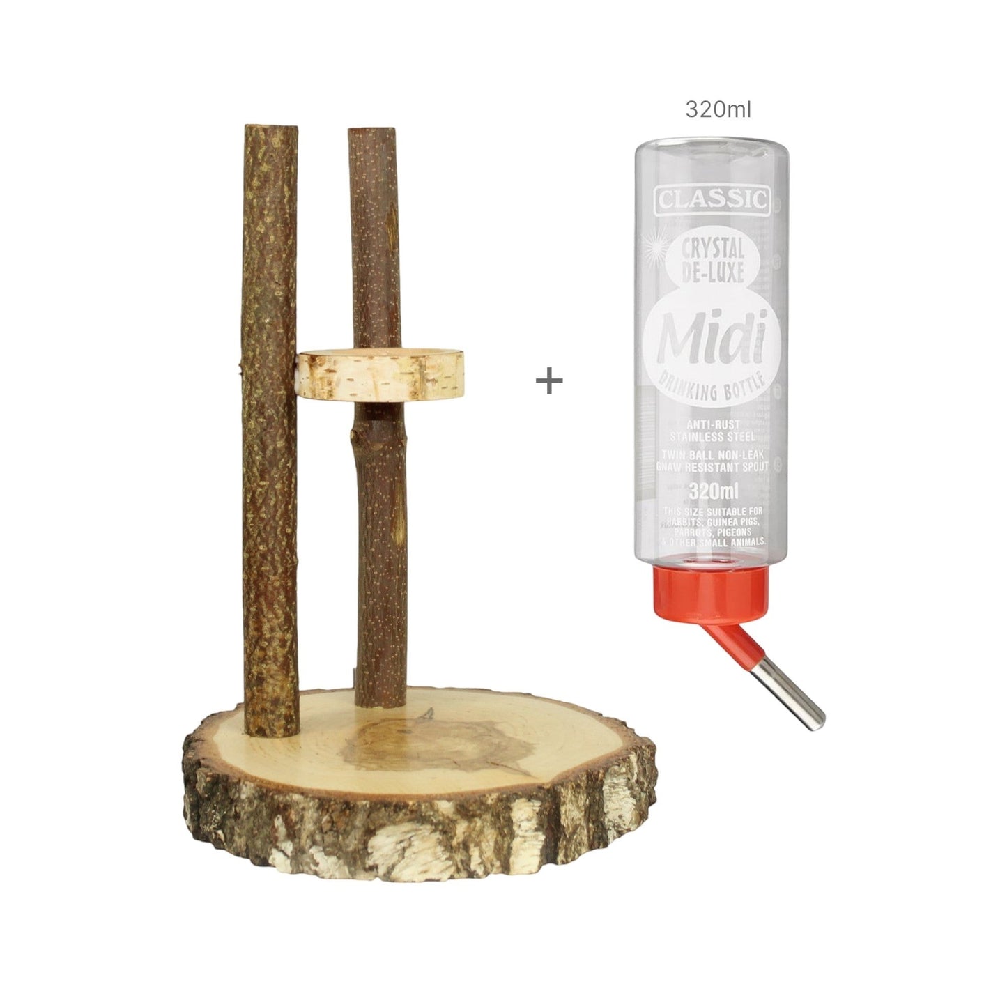 Nagerfarm natural wood small animal drinking station with 320ml bottle. Features rustic log base and branches.