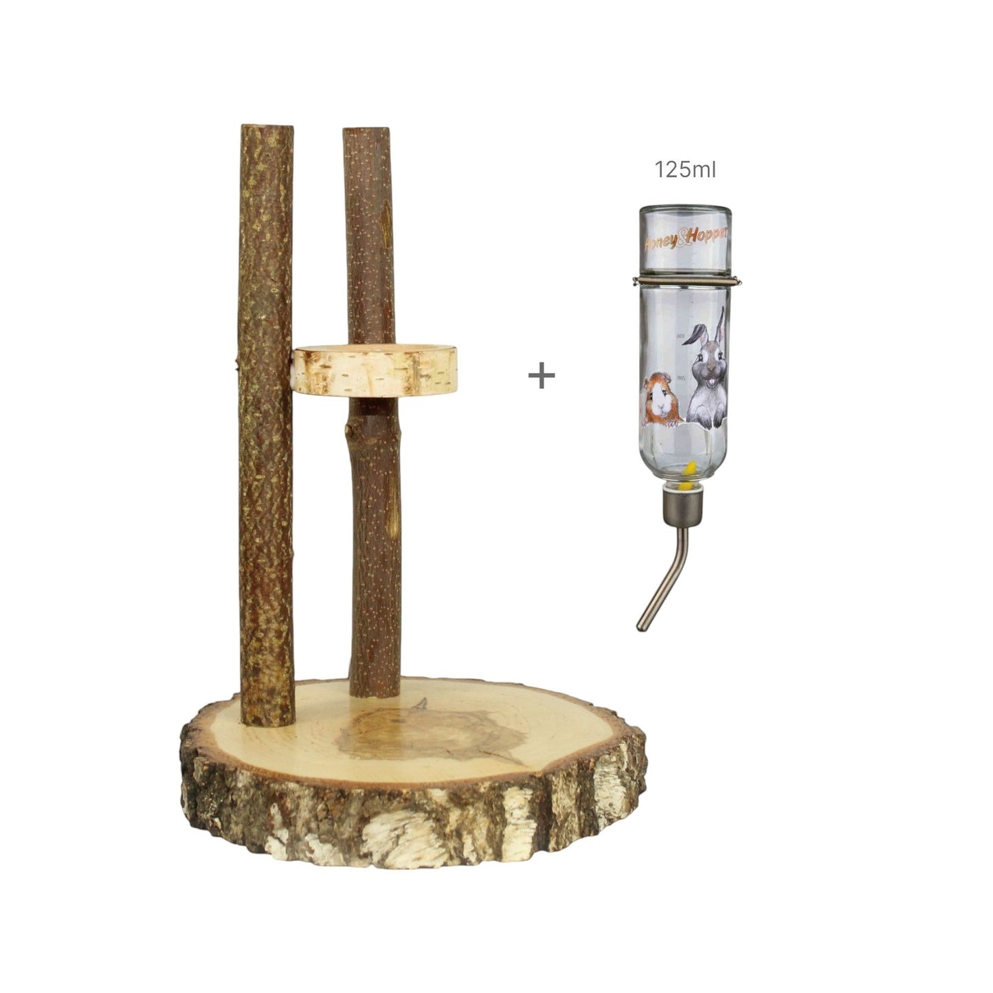 Nagerfarm natural wood small animal drinking station with 125ml glass bottle featuring rabbit and guinea pig graphics.