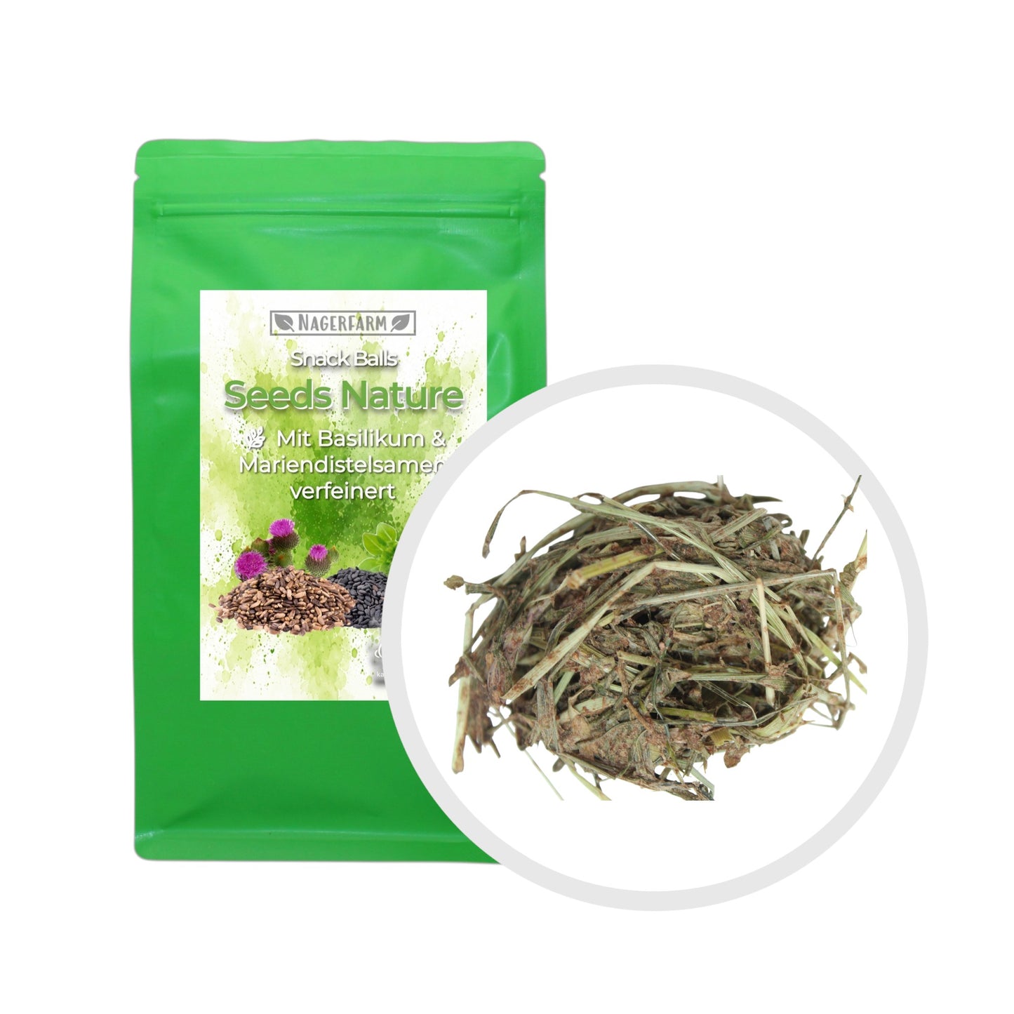 Snack Balls Seeds Nature – Heu-Snack mit Basilikum- & Mariendistelsamen für Meerschweinchen & Zwergkaninchen