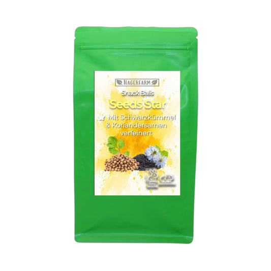Snack Balls Seeds Star – Heu-Snack mit Schwarzkümmel & Koriandersamen für Meerschweinchen & Zwergkaninchen