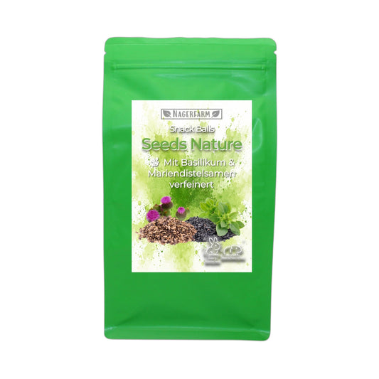 Snack Balls Seeds Nature – Heu-Snack mit Basilikum- & Mariendistelsamen für Meerschweinchen & Zwergkaninchen