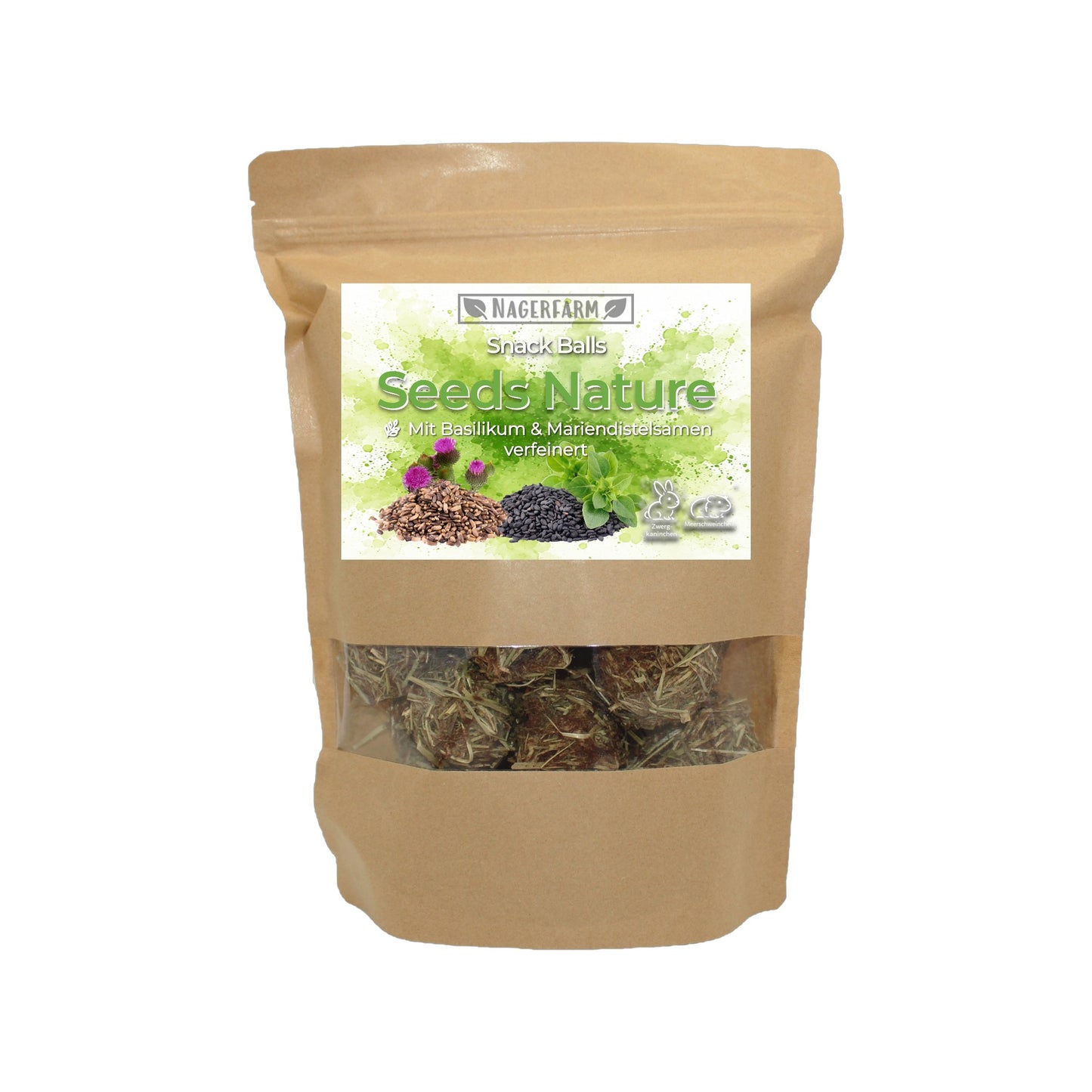 Snack Balls Seeds Nature – Heu-Snack mit Basilikum- & Mariendistelsamen für Meerschweinchen & Zwergkaninchen