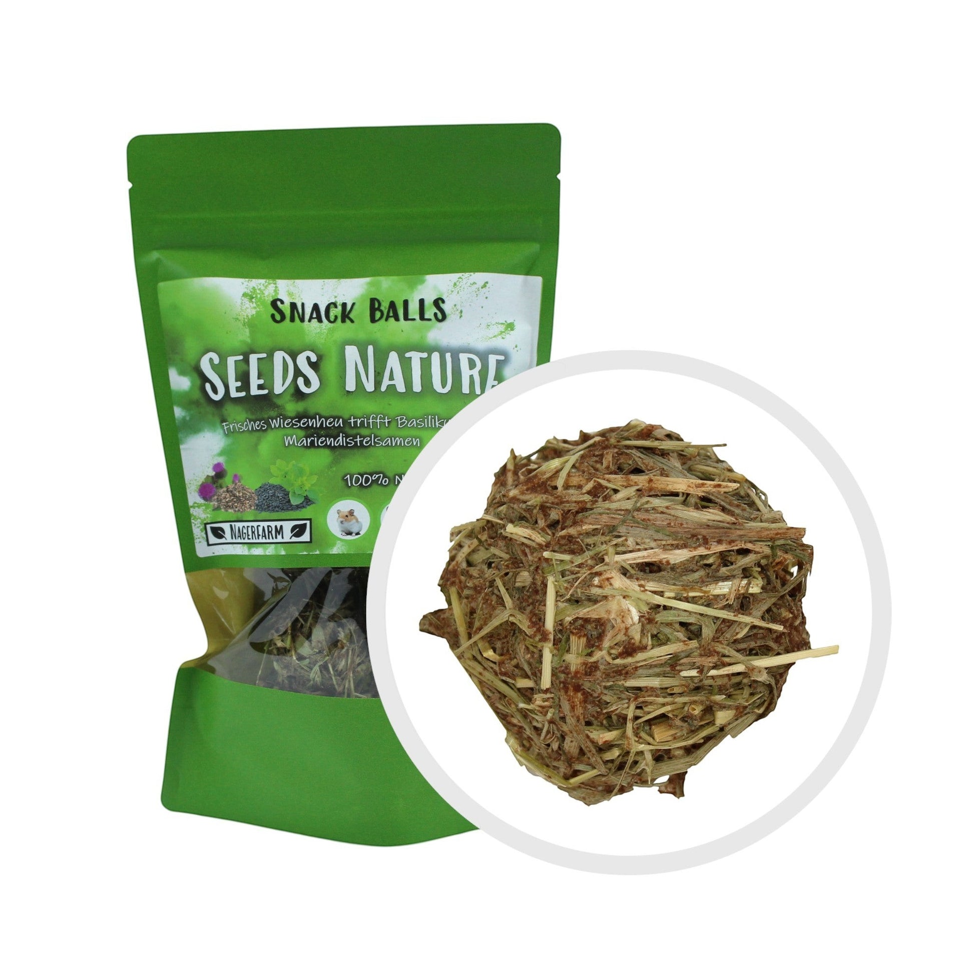 Nagerfarm Snack Balls Seeds Nature, a natural hay-based snack for rabbits and guinea pigs with dill and thistle seeds.