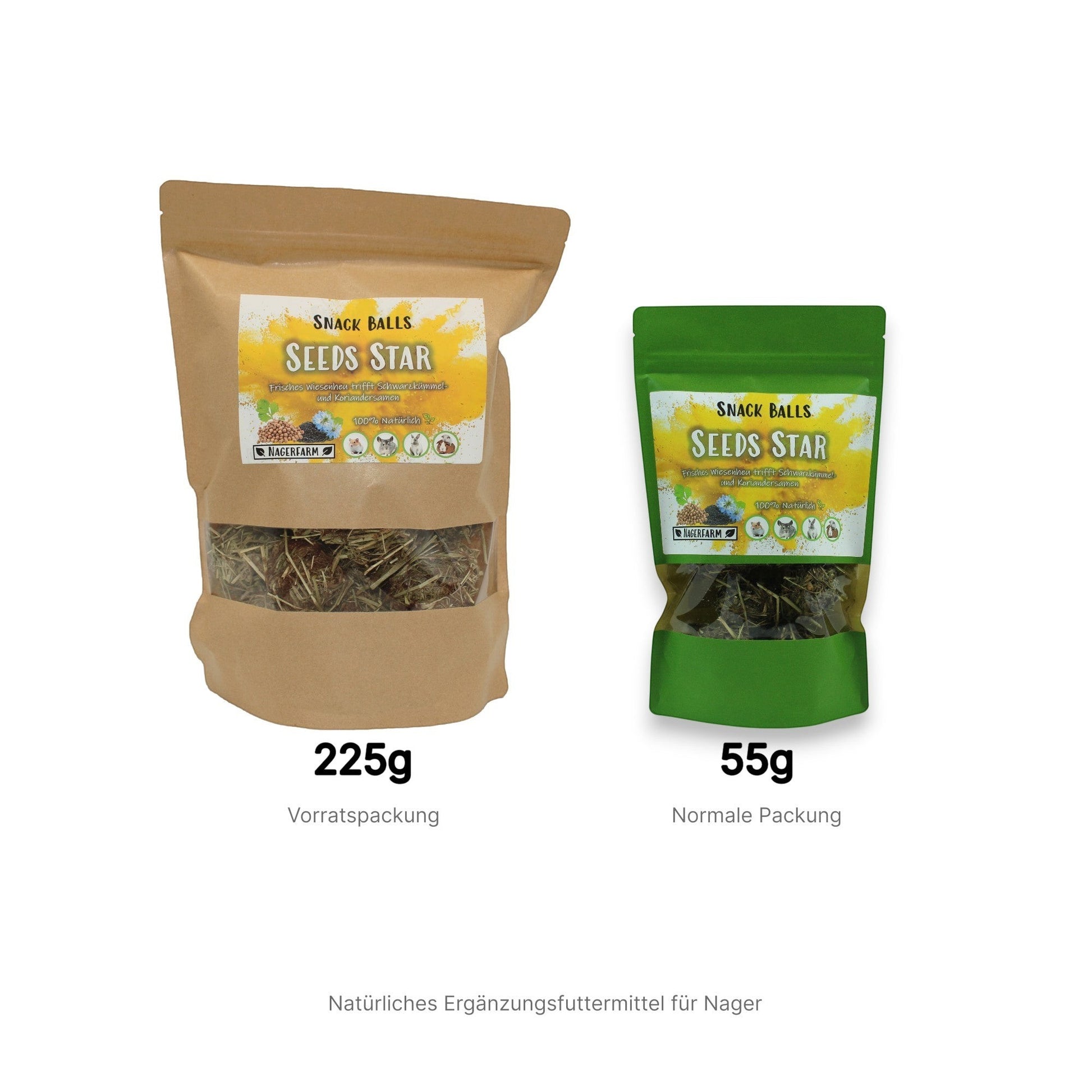 Nagerfarm Snack Balls Seeds Star, natural hay-based treats with black cumin and coriander for rabbits and guinea pigs.