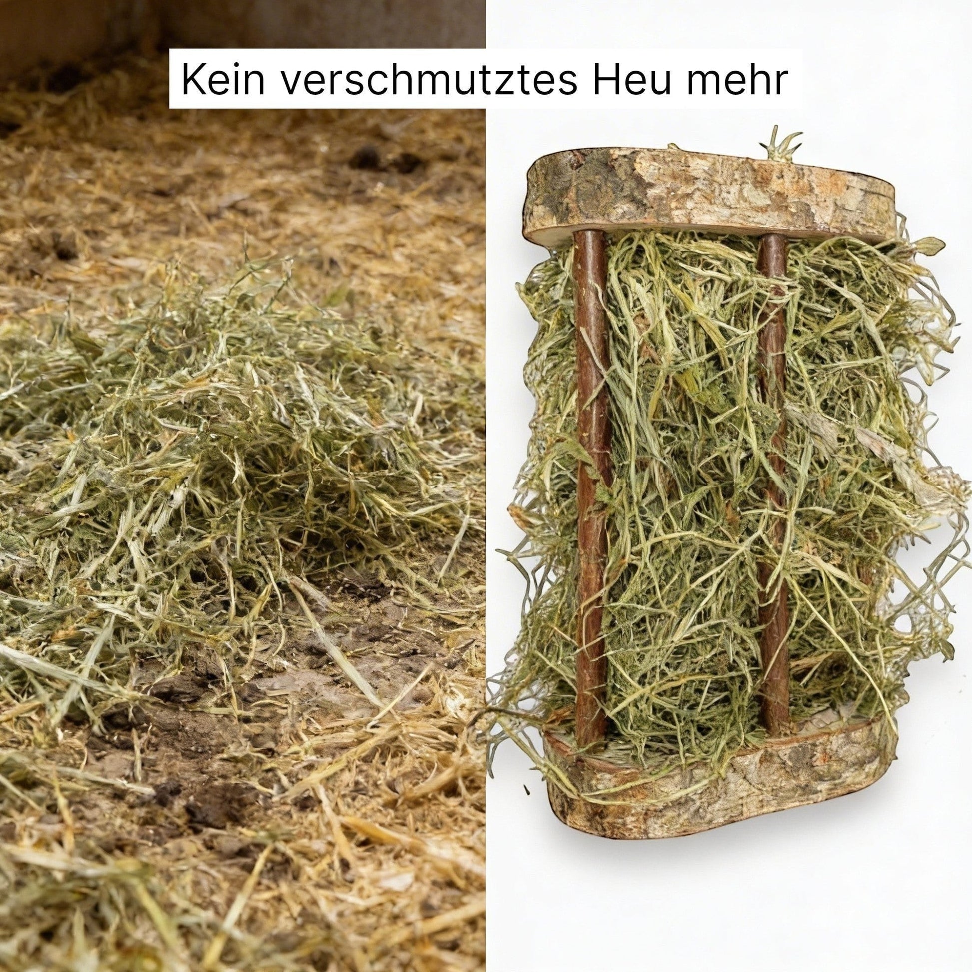 Nagerfarm Easy One hay feeder made of natural wood with wide bars for species-appropriate feeding of hay, herbs, and branches.